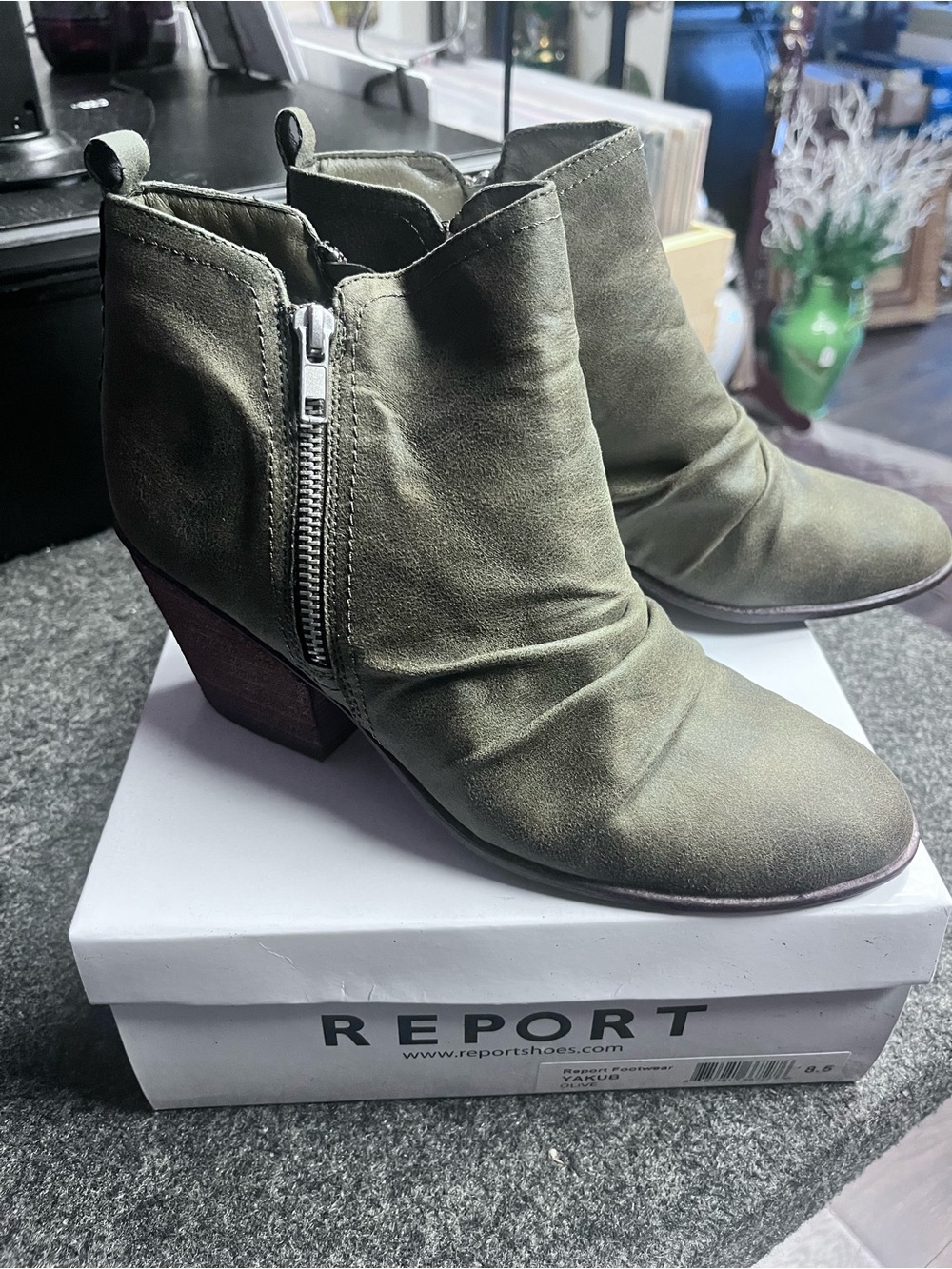 REPORT Olive Green Suede Ankle Booties with Side Zip
